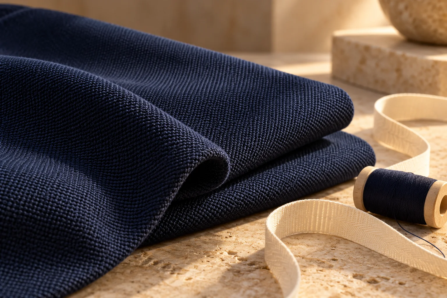 Folded navy fabric with a spool and measuring tape. Editorial reference.