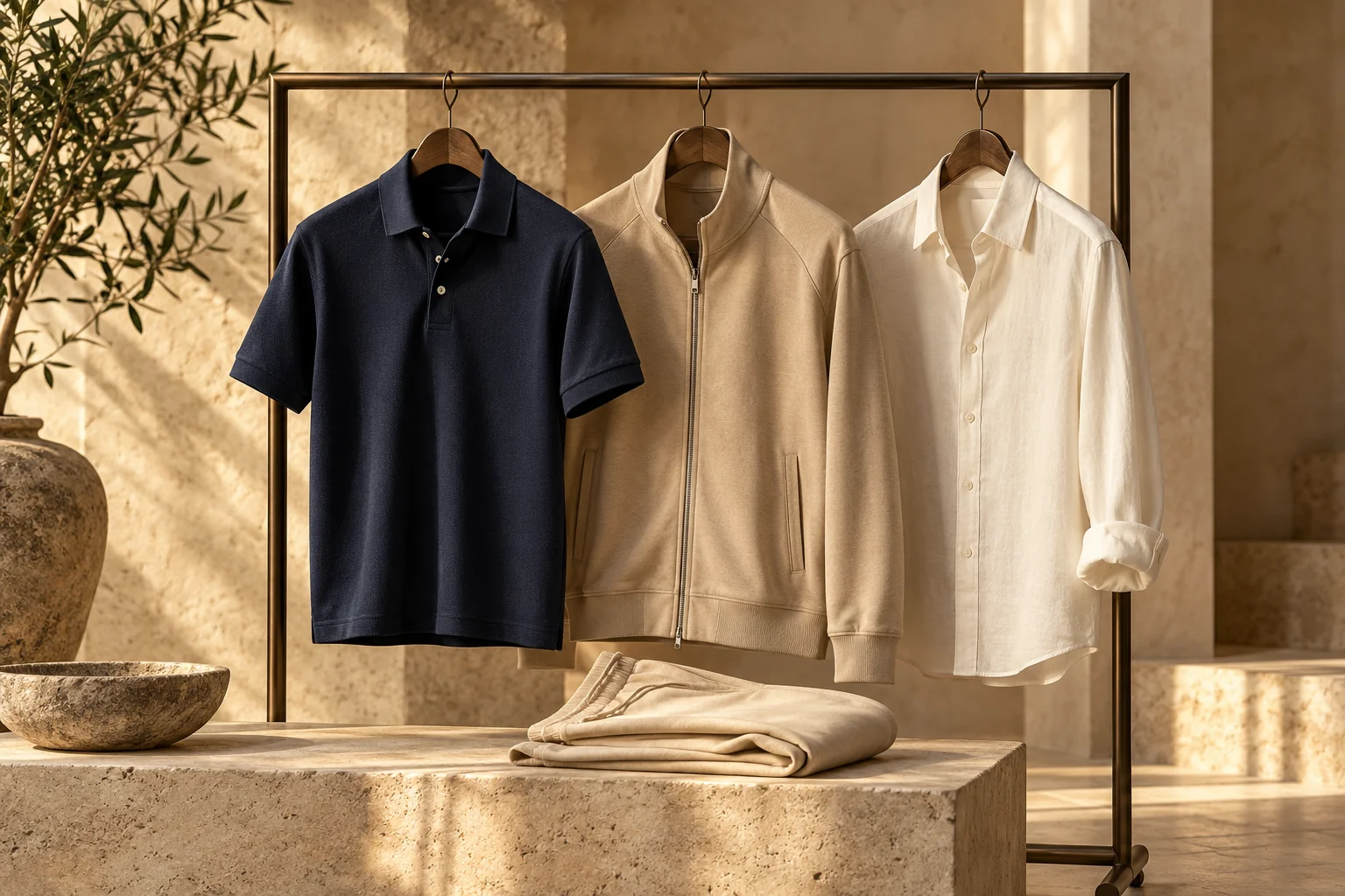 Navy, sand and ivory apparel styled on a rail in a warm studio. Editorial reference image.