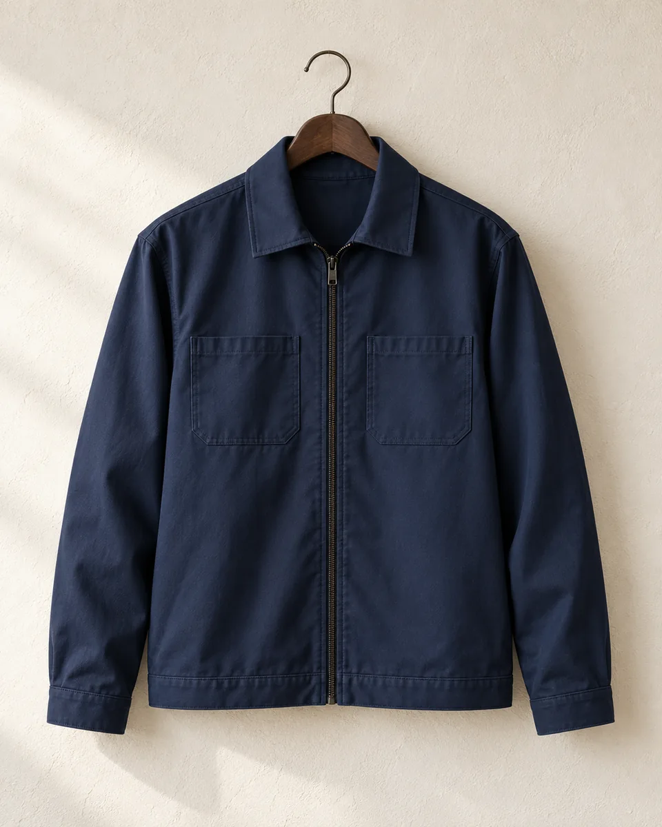 Navy collared zip work jacket on a hanger, illustrative style reference